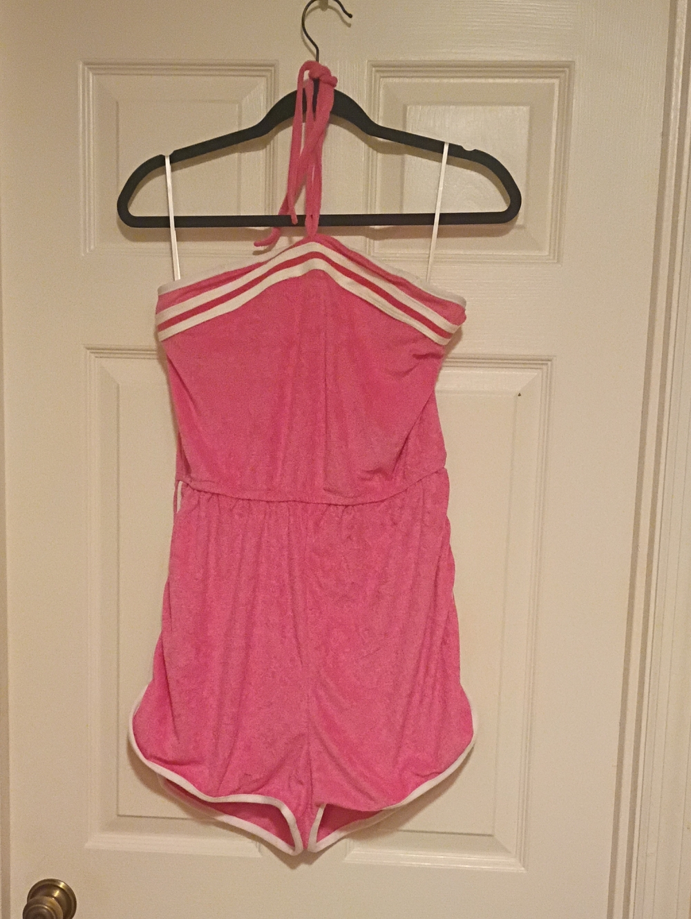 SHEIN Pink Halter Swim Coverup Romper with White Trim